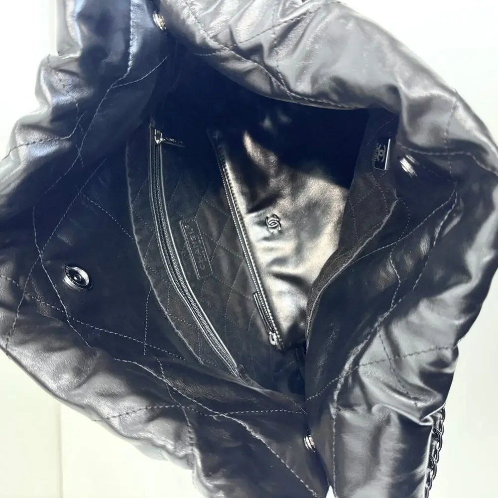 CHANEL 22 So Black Small Quilted Lambskin Tote Logo Shoulder Hobo Bag w Pouch